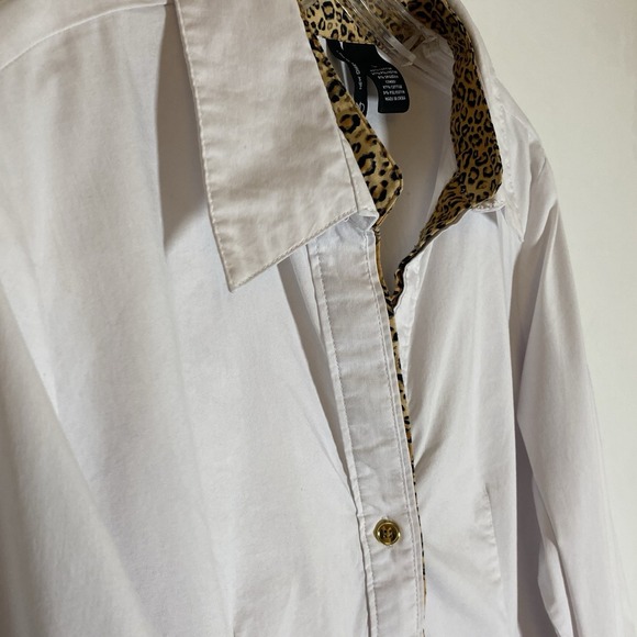 New Direction Top Womens Large White Leopard Trim Button Down Cuff Shirt Classic - Picture 11 of 16
